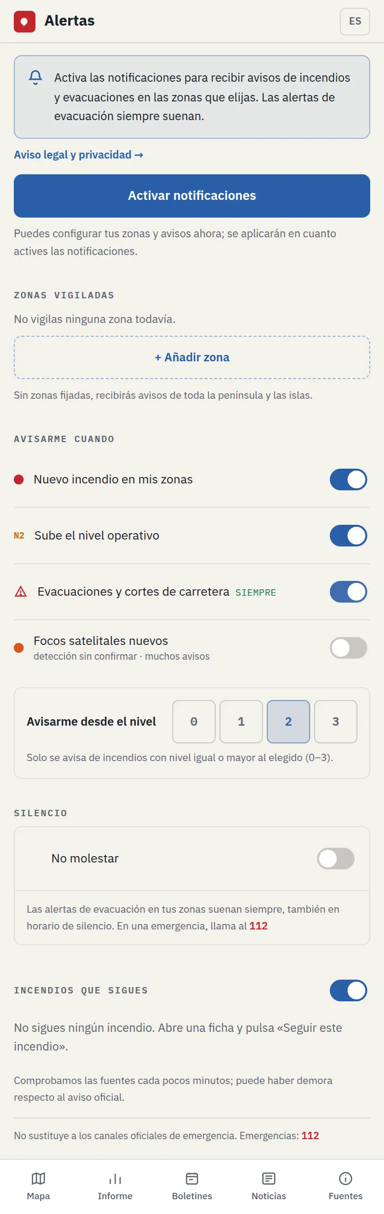 Captura de la pantalla «Alertas» de Incendib, con datos de demostración