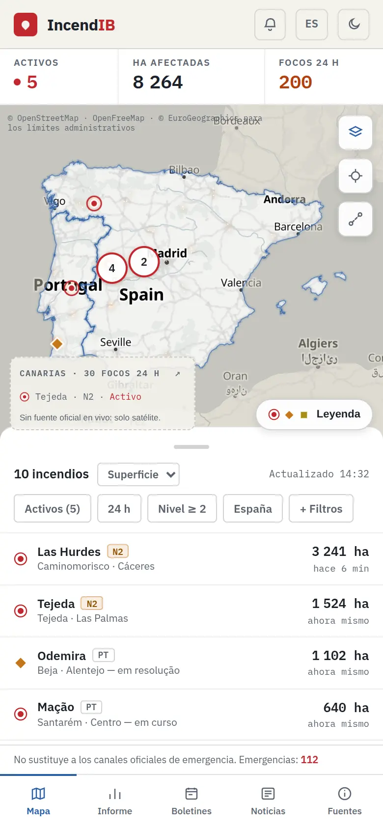 Captura de la pantalla «Mapa» de Incendib, con datos de demostración